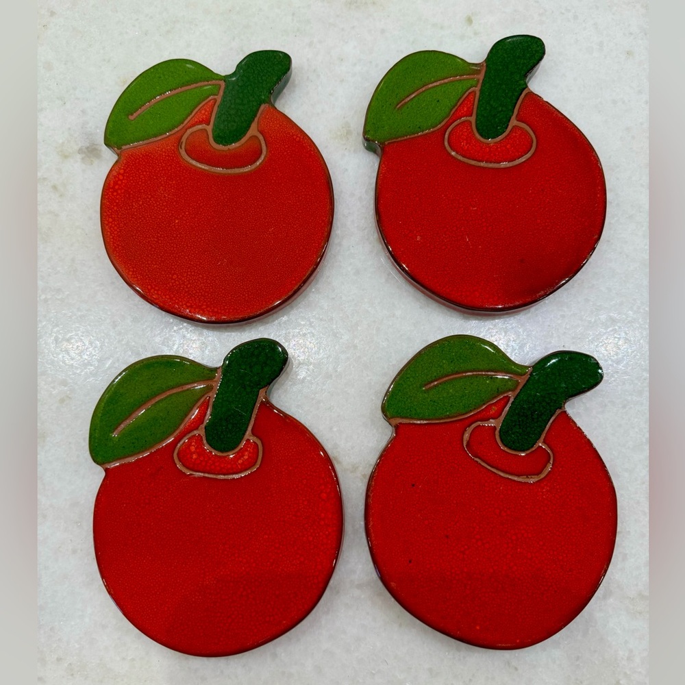 Vintage-Inspired Red Apple Enamel cup holders - Set of 4
